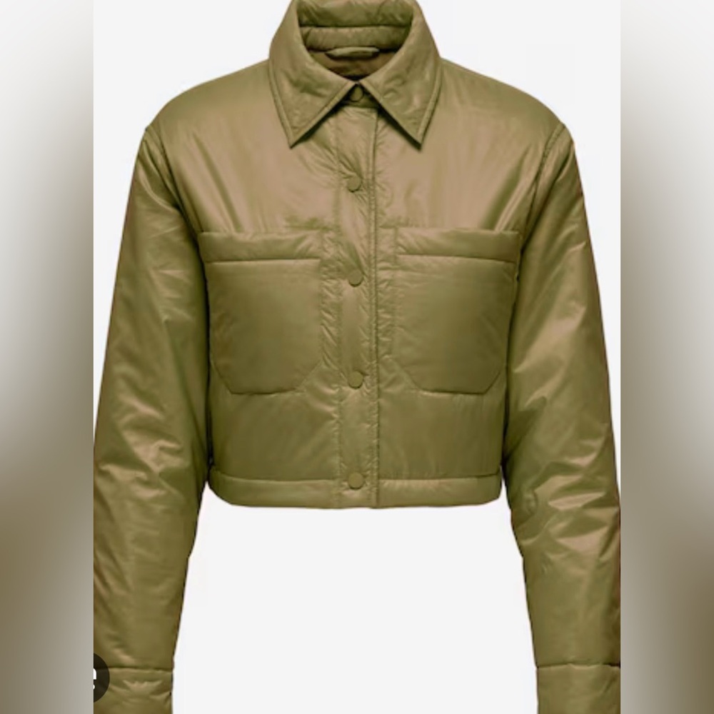 ONLY Olive Green Cropped Puffer Jacket | Lightweight Quilted Snap Front | Size M - Picture 2 of 8